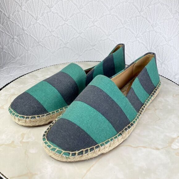 J. Crew Flats Women 8 Navy Green Kely Stripe Canvas Slip On Nautical Espadrilles - Picture 5 of 14